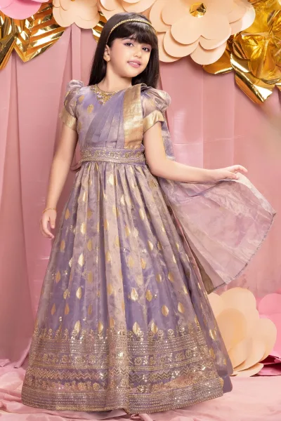 Purple Zari, Zardozi, Sequins, Stone and Thread work Long Party Gown